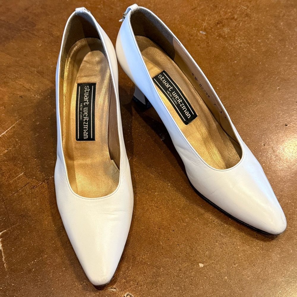 Stuart Weitzman Womens Pump Shoes White Leather Stiletto Heels Pointed Toe 8